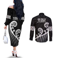 Kia Mau Ki To Ukaipo Couples Matching Off The Shoulder Long Sleeve Dress and Long Sleeve Button Shirt Te Reo Maori Koru Fern Art LT9 - Polynesian Pride