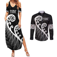 Kia Mau Ki To Ukaipo Couples Matching Summer Maxi Dress and Long Sleeve Button Shirt Te Reo Maori Koru Fern Art LT9 Black - Polynesian Pride