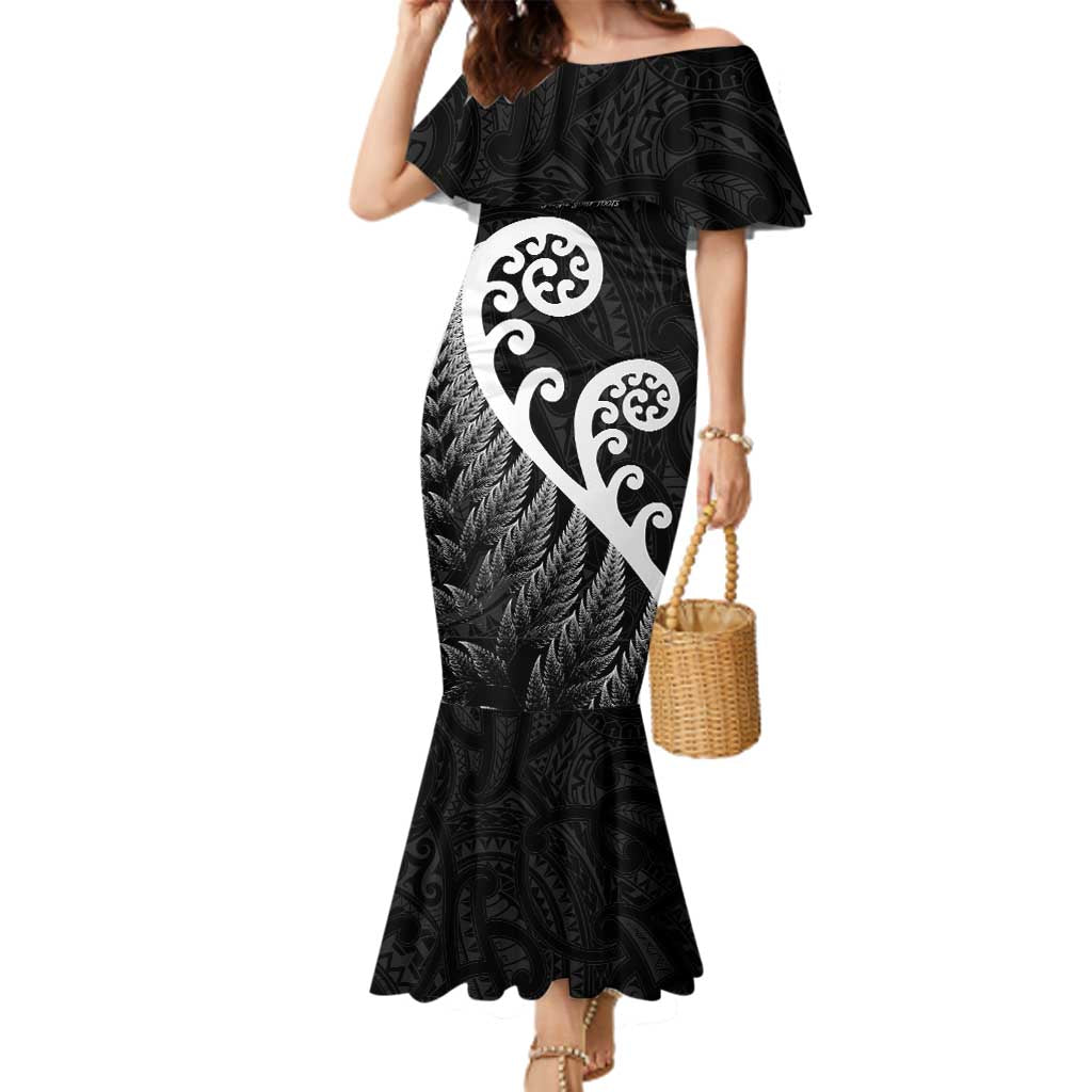 Kia Mau Ki To Ukaipo Family Matching Mermaid Dress and Hawaiian Shirt Te Reo Maori Koru Fern Art LT9 Mom's Dress Black - Polynesian Pride