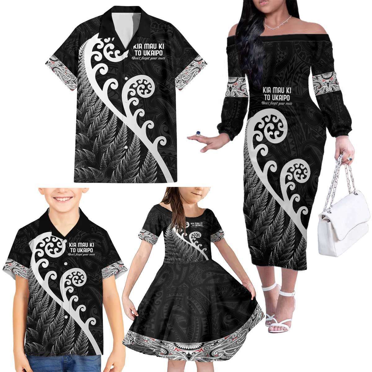 Kia Mau Ki To Ukaipo Family Matching Off The Shoulder Long Sleeve Dress and Hawaiian Shirt Te Reo Maori Koru Fern Art LT9 - Polynesian Pride
