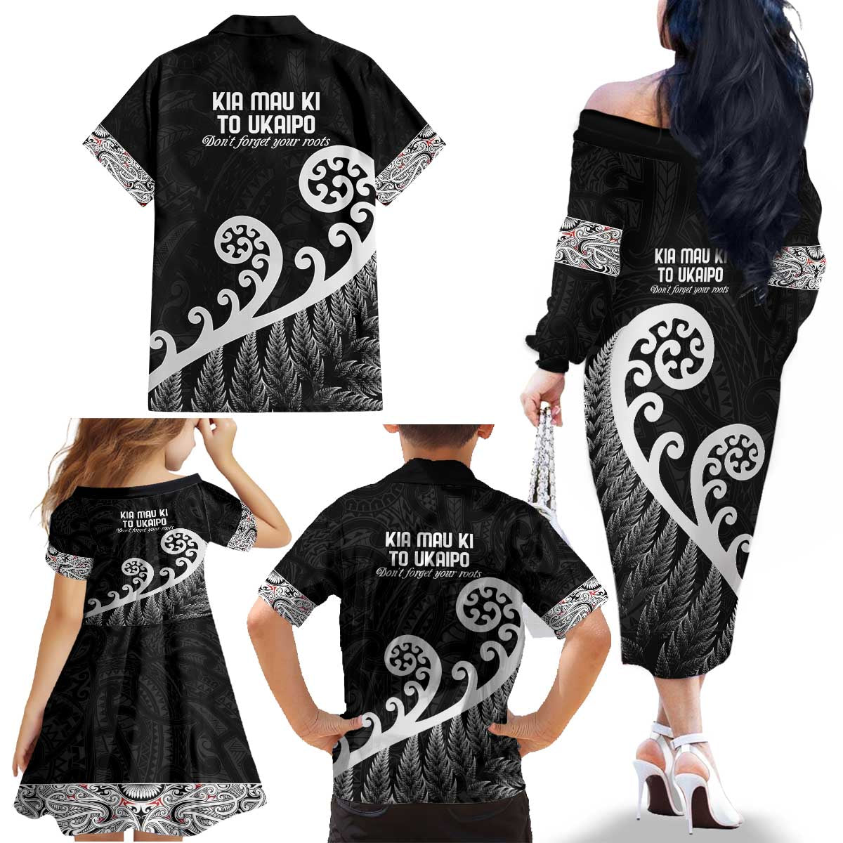 Kia Mau Ki To Ukaipo Family Matching Off The Shoulder Long Sleeve Dress and Hawaiian Shirt Te Reo Maori Koru Fern Art LT9 - Polynesian Pride
