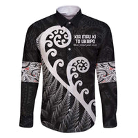 Kia Mau Ki To Ukaipo Family Matching Off The Shoulder Long Sleeve Dress and Hawaiian Shirt Te Reo Maori Koru Fern Art LT9 Dad's Shirt - Long Sleeve Black - Polynesian Pride