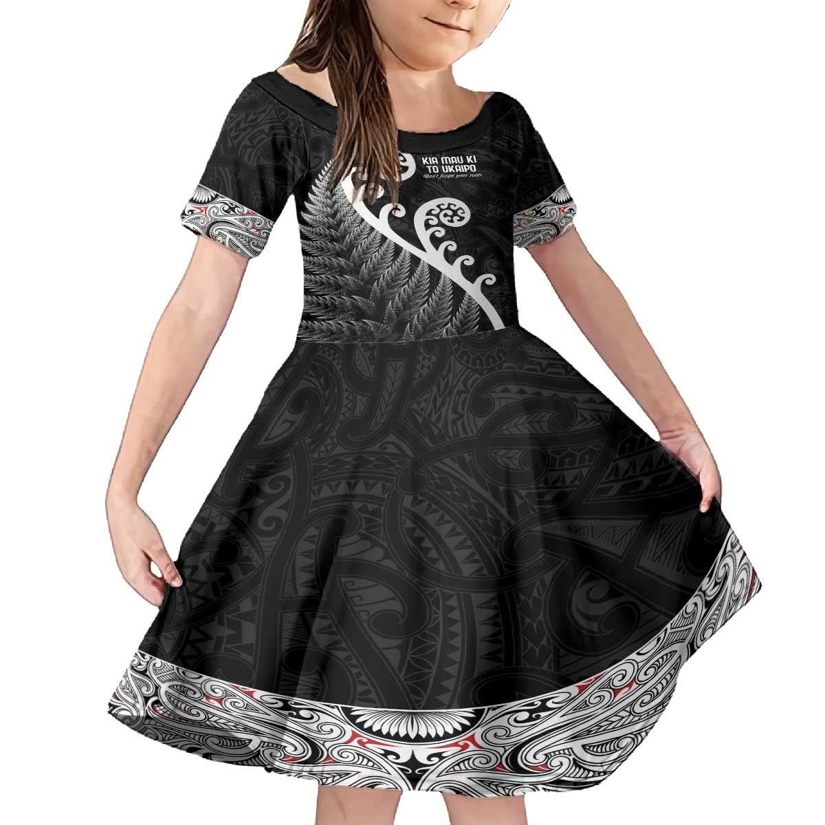 Kia Mau Ki To Ukaipo Family Matching Puletasi and Hawaiian Shirt Te Reo Maori Koru Fern Art LT9 Daughter's Dress Black - Polynesian Pride
