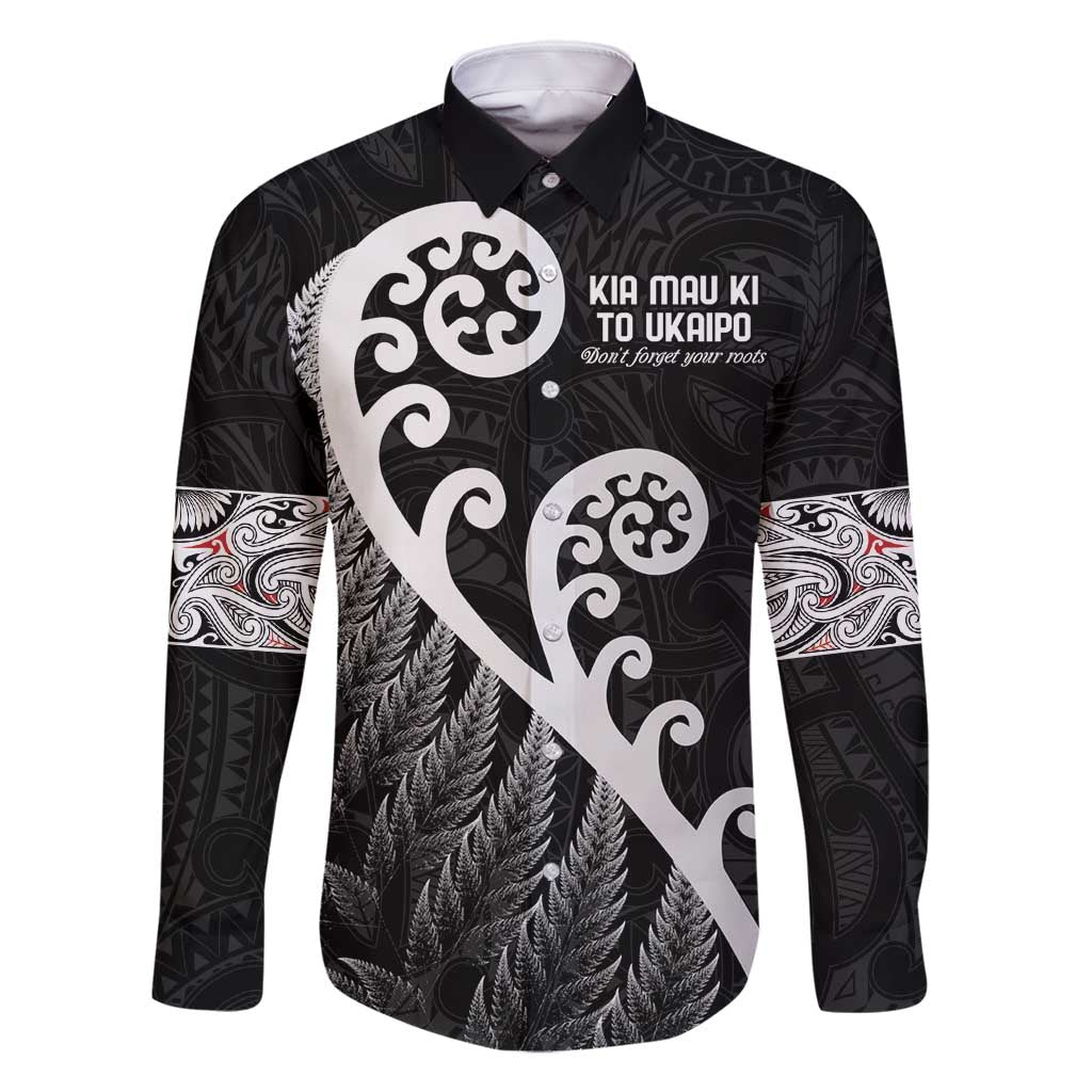 Kia Mau Ki To Ukaipo Family Matching Summer Maxi Dress and Hawaiian Shirt Te Reo Maori Koru Fern Art LT9 Dad's Shirt - Long Sleeve Black - Polynesian Pride