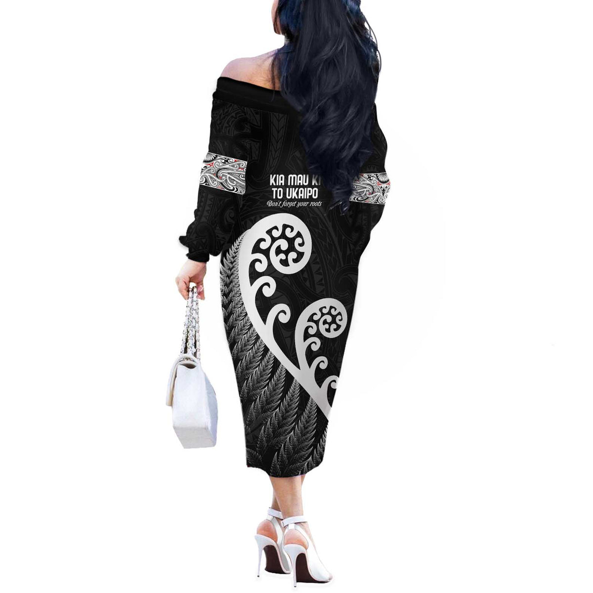 Kia Mau Ki To Ukaipo Off The Shoulder Long Sleeve Dress Te Reo Maori Koru Fern Art LT9 - Polynesian Pride