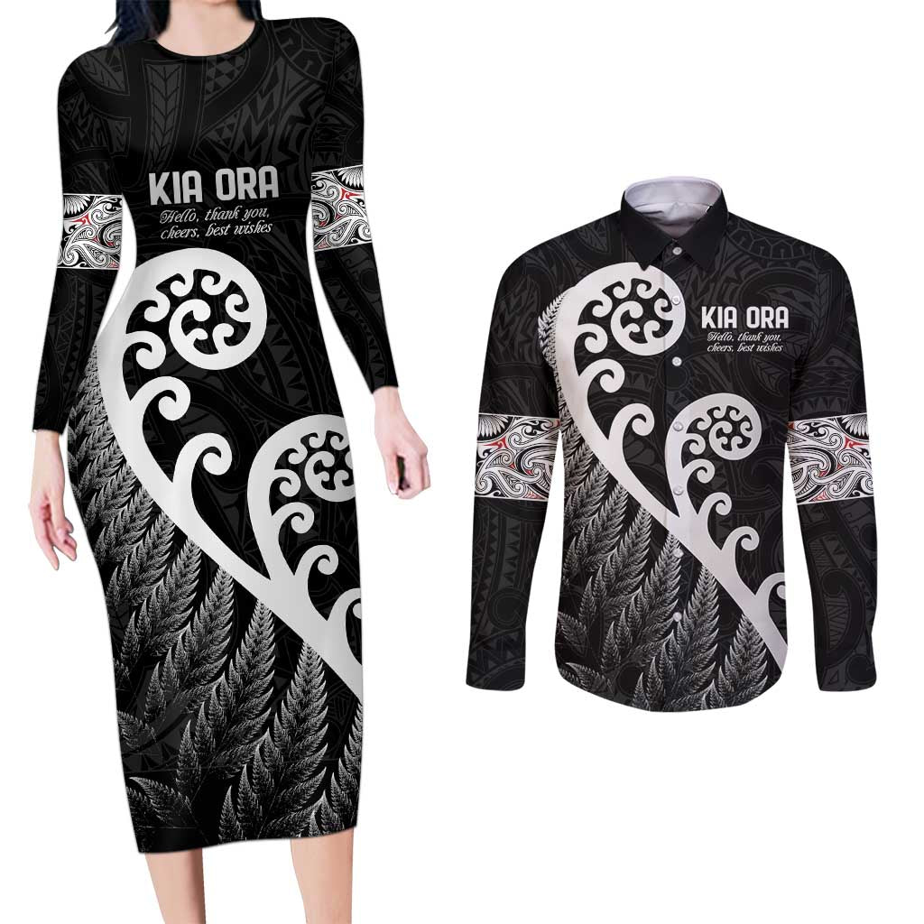 Kia Ora Maori Language Couples Matching Long Sleeve Bodycon Dress and Long Sleeve Button Shirt Te Reo Maori Koru Fern Art LT9 Black - Polynesian Pride