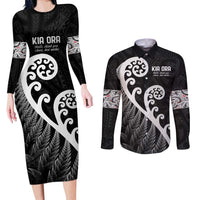 Kia Ora Maori Language Couples Matching Long Sleeve Bodycon Dress and Long Sleeve Button Shirt Te Reo Maori Koru Fern Art LT9 Black - Polynesian Pride