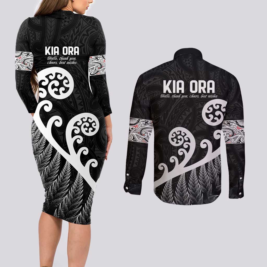 Kia Ora Maori Language Couples Matching Long Sleeve Bodycon Dress and Long Sleeve Button Shirt Te Reo Maori Koru Fern Art LT9 - Polynesian Pride