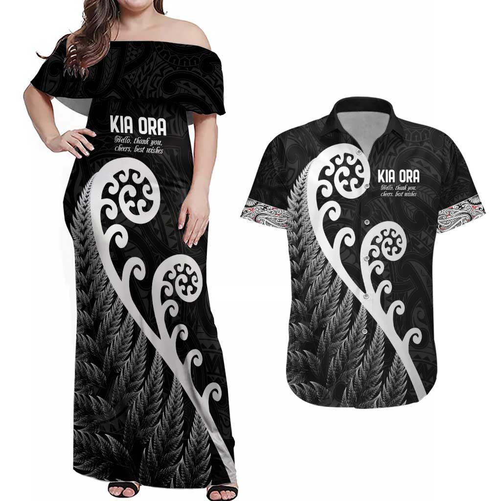 Kia Ora Maori Language Couples Matching Off Shoulder Maxi Dress and Hawaiian Shirt Te Reo Maori Koru Fern Art LT9 Black - Polynesian Pride