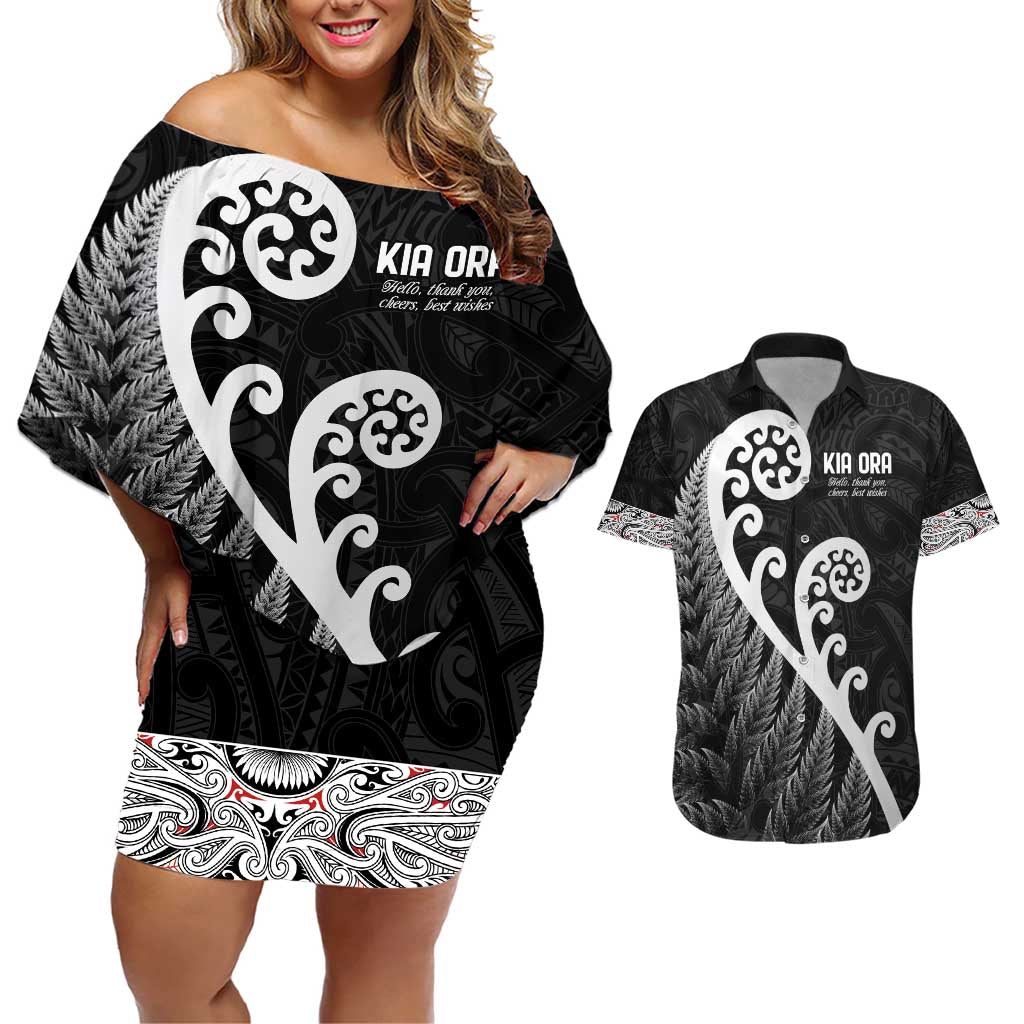 Kia Ora Maori Language Couples Matching Off Shoulder Short Dress and Hawaiian Shirt Te Reo Maori Koru Fern Art LT9 Black - Polynesian Pride