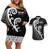 Kia Ora Maori Language Couples Matching Off Shoulder Short Dress and Hawaiian Shirt Te Reo Maori Koru Fern Art LT9 Black - Polynesian Pride