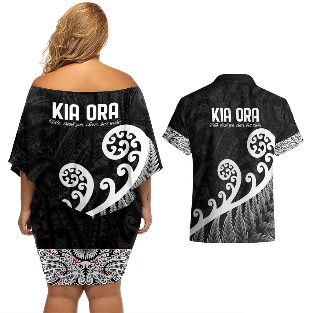 Kia Ora Maori Language Couples Matching Off Shoulder Short Dress and Hawaiian Shirt Te Reo Maori Koru Fern Art LT9 - Polynesian Pride