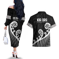 Kia Ora Maori Language Couples Matching Off The Shoulder Long Sleeve Dress and Hawaiian Shirt Te Reo Maori Koru Fern Art LT9 - Polynesian Pride