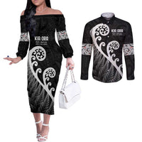 Kia Ora Maori Language Couples Matching Off The Shoulder Long Sleeve Dress and Long Sleeve Button Shirt Te Reo Maori Koru Fern Art LT9 Black - Polynesian Pride