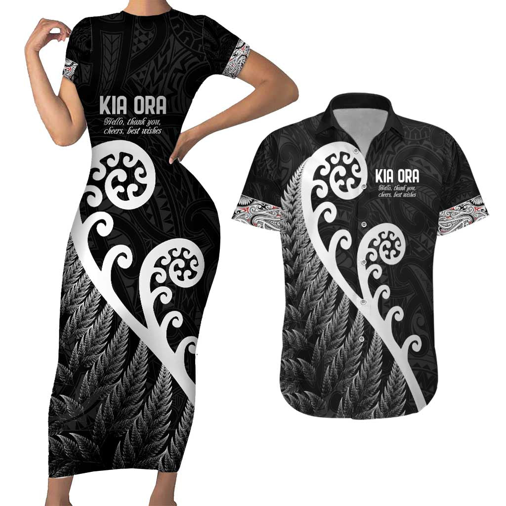 Kia Ora Maori Language Couples Matching Short Sleeve Bodycon Dress and Hawaiian Shirt Te Reo Maori Koru Fern Art LT9 Black - Polynesian Pride