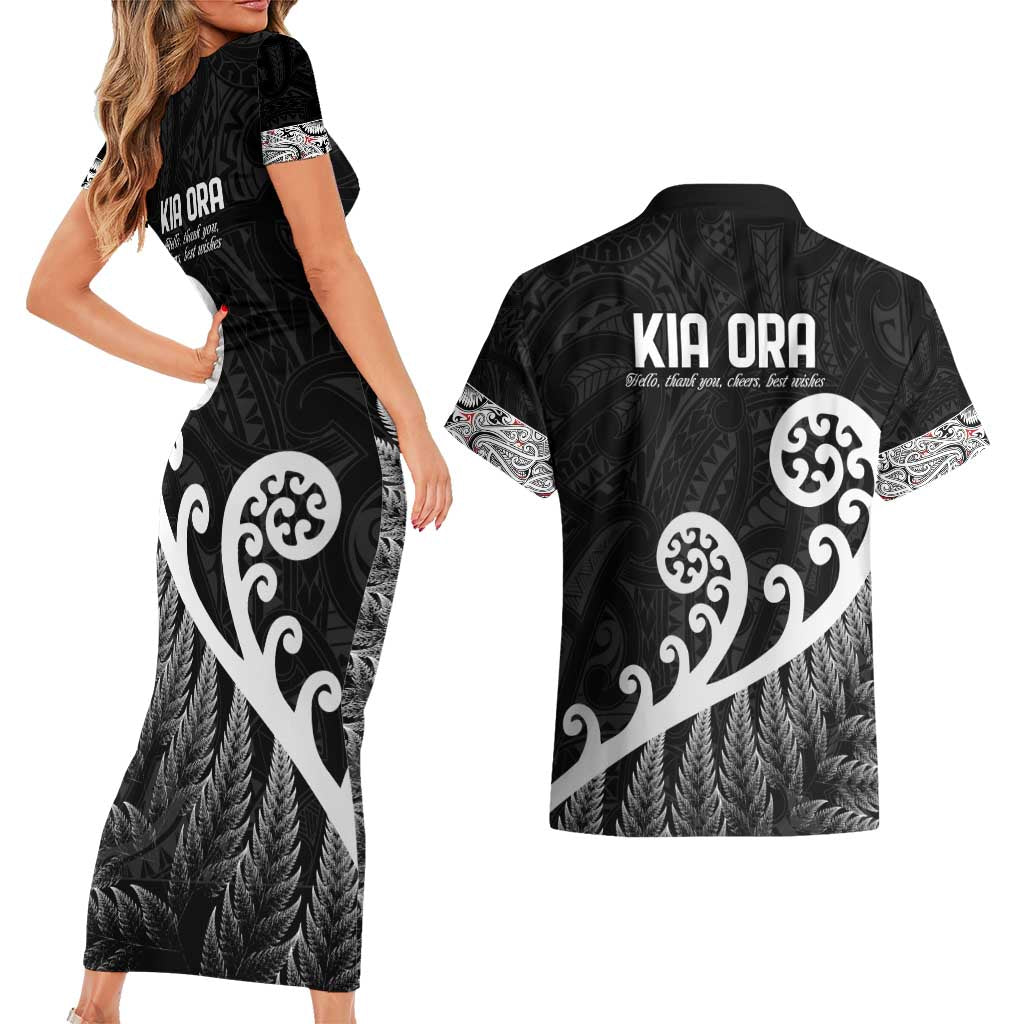 Kia Ora Maori Language Couples Matching Short Sleeve Bodycon Dress and Hawaiian Shirt Te Reo Maori Koru Fern Art LT9 - Polynesian Pride