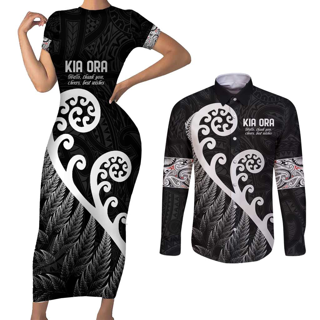 Kia Ora Maori Language Couples Matching Short Sleeve Bodycon Dress and Long Sleeve Button Shirt Te Reo Maori Koru Fern Art LT9 Black - Polynesian Pride