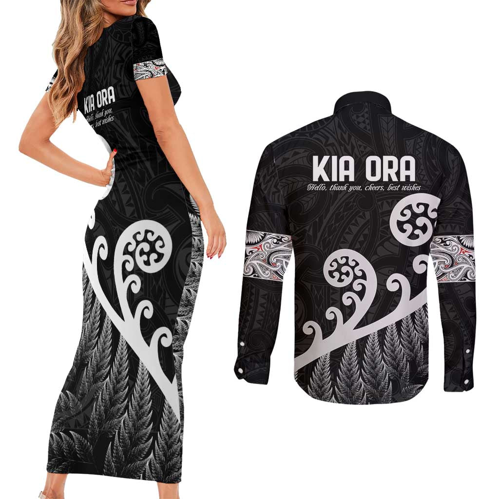 Kia Ora Maori Language Couples Matching Short Sleeve Bodycon Dress and Long Sleeve Button Shirt Te Reo Maori Koru Fern Art LT9 - Polynesian Pride