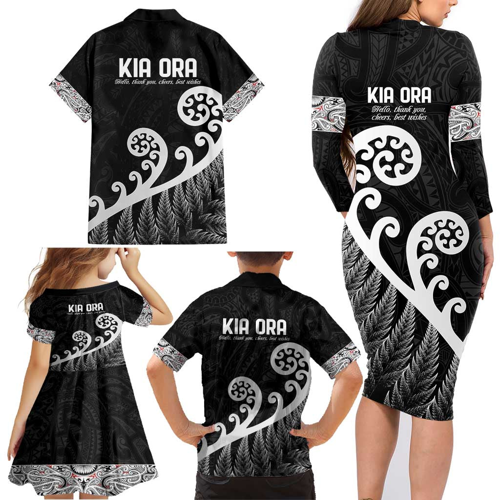 Kia Ora Maori Language Family Matching Long Sleeve Bodycon Dress and Hawaiian Shirt Te Reo Maori Koru Fern Art LT9 - Polynesian Pride