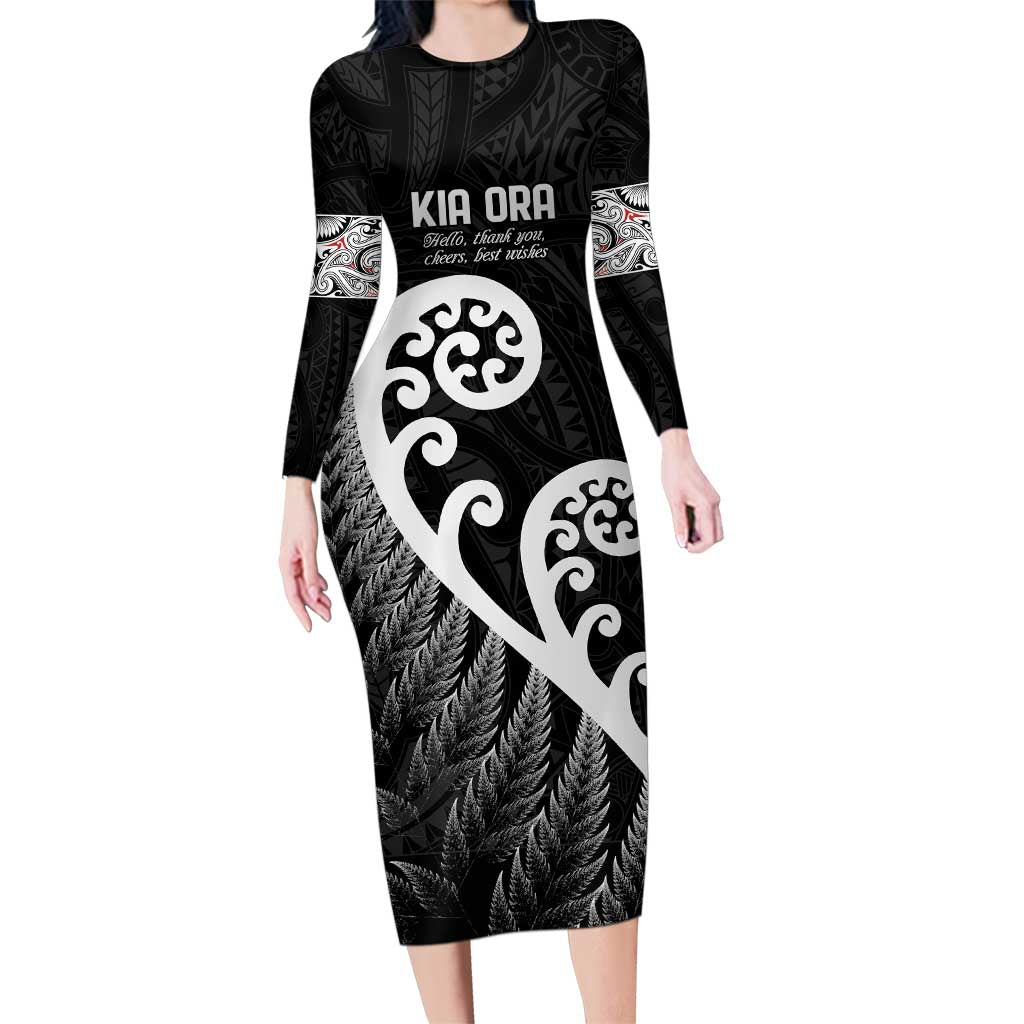 Kia Ora Maori Language Family Matching Long Sleeve Bodycon Dress and Hawaiian Shirt Te Reo Maori Koru Fern Art LT9 Mom's Dress Black - Polynesian Pride