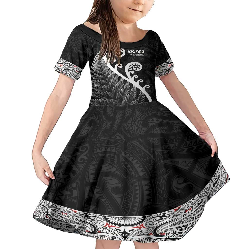 Kia Ora Maori Language Family Matching Mermaid Dress and Hawaiian Shirt Te Reo Maori Koru Fern Art LT9 Daughter's Dress Black - Polynesian Pride
