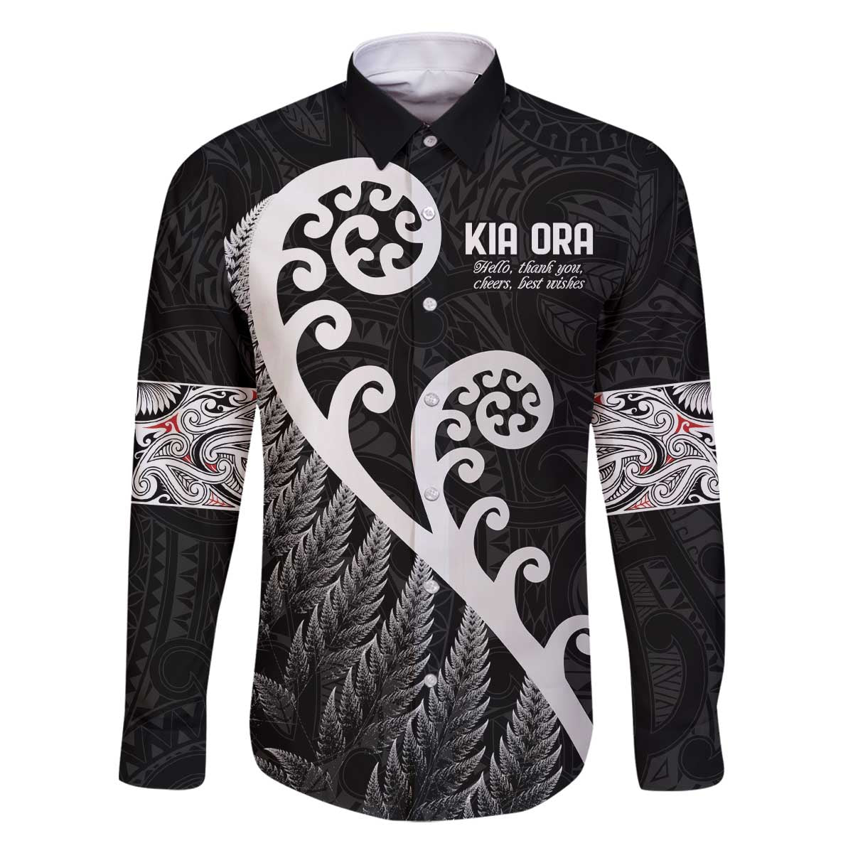Kia Ora Maori Language Family Matching Off The Shoulder Long Sleeve Dress and Hawaiian Shirt Te Reo Maori Koru Fern Art LT9 Dad's Shirt - Long Sleeve Black - Polynesian Pride