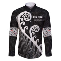 Kia Ora Maori Language Family Matching Off The Shoulder Long Sleeve Dress and Hawaiian Shirt Te Reo Maori Koru Fern Art LT9 Dad's Shirt - Long Sleeve Black - Polynesian Pride