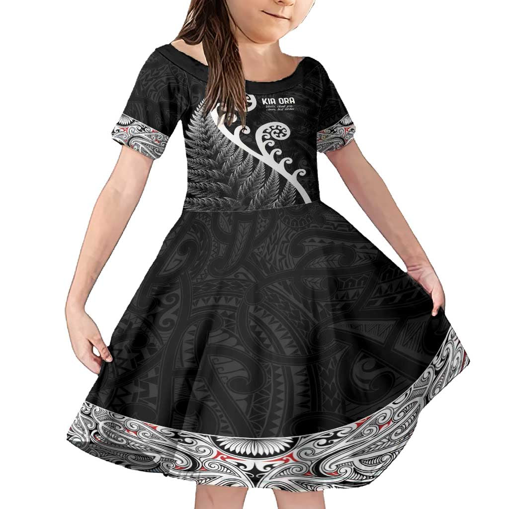 Kia Ora Maori Language Family Matching Off Shoulder Maxi Dress and Hawaiian Shirt Te Reo Maori Koru Fern Art LT9 Daughter's Dress Black - Polynesian Pride