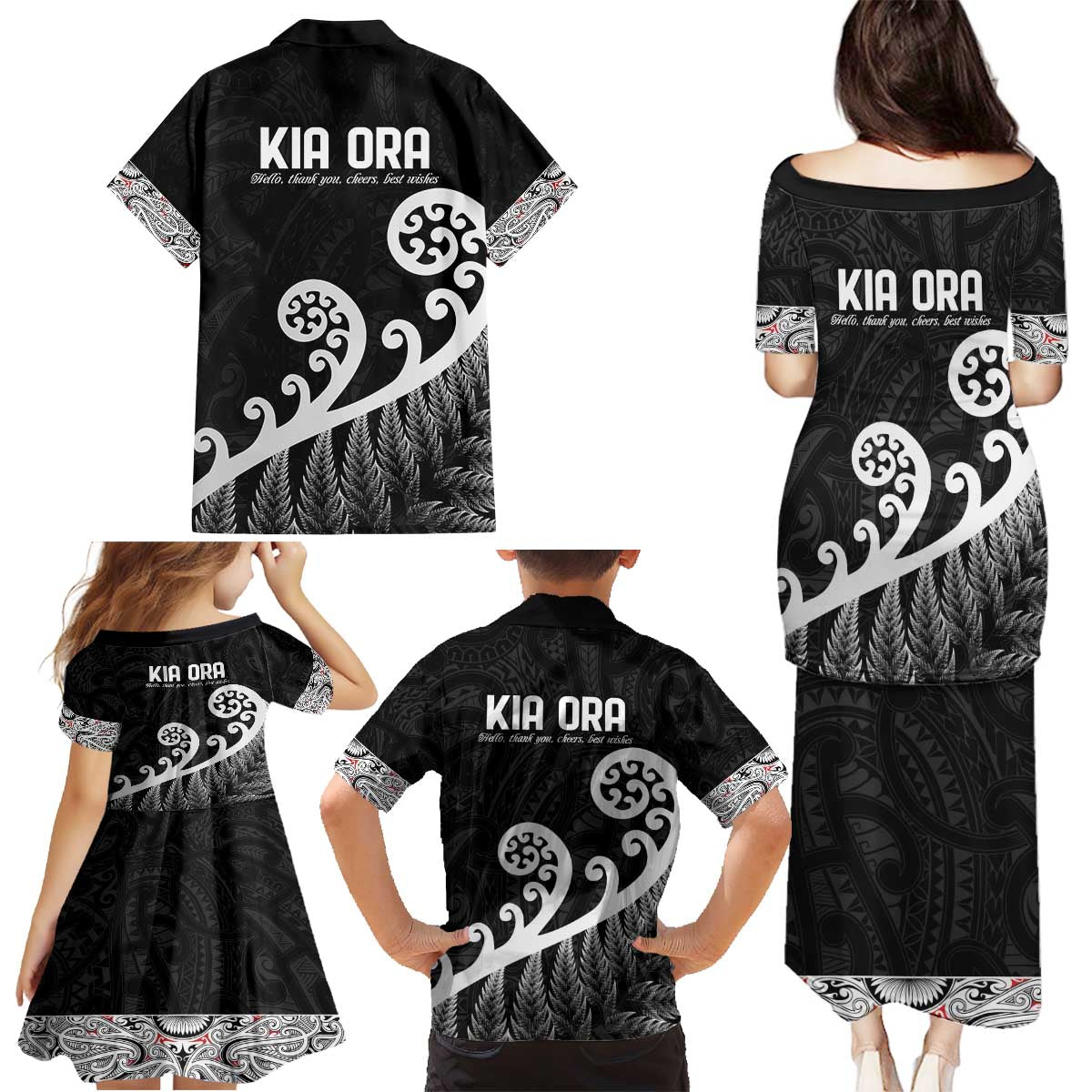 Kia Ora Maori Language Family Matching Puletasi and Hawaiian Shirt Te Reo Maori Koru Fern Art LT9 - Polynesian Pride