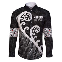 Kia Ora Maori Language Family Matching Puletasi and Hawaiian Shirt Te Reo Maori Koru Fern Art LT9 Dad's Shirt - Long Sleeve Black - Polynesian Pride