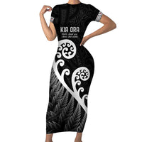 Kia Ora Maori Language Family Matching Short Sleeve Bodycon Dress and Hawaiian Shirt Te Reo Maori Koru Fern Art LT9 Mom's Dress Black - Polynesian Pride