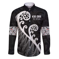 Kia Ora Maori Language Family Matching Tank Maxi Dress and Hawaiian Shirt Te Reo Maori Koru Fern Art LT9 Dad's Shirt - Long Sleeve Black - Polynesian Pride