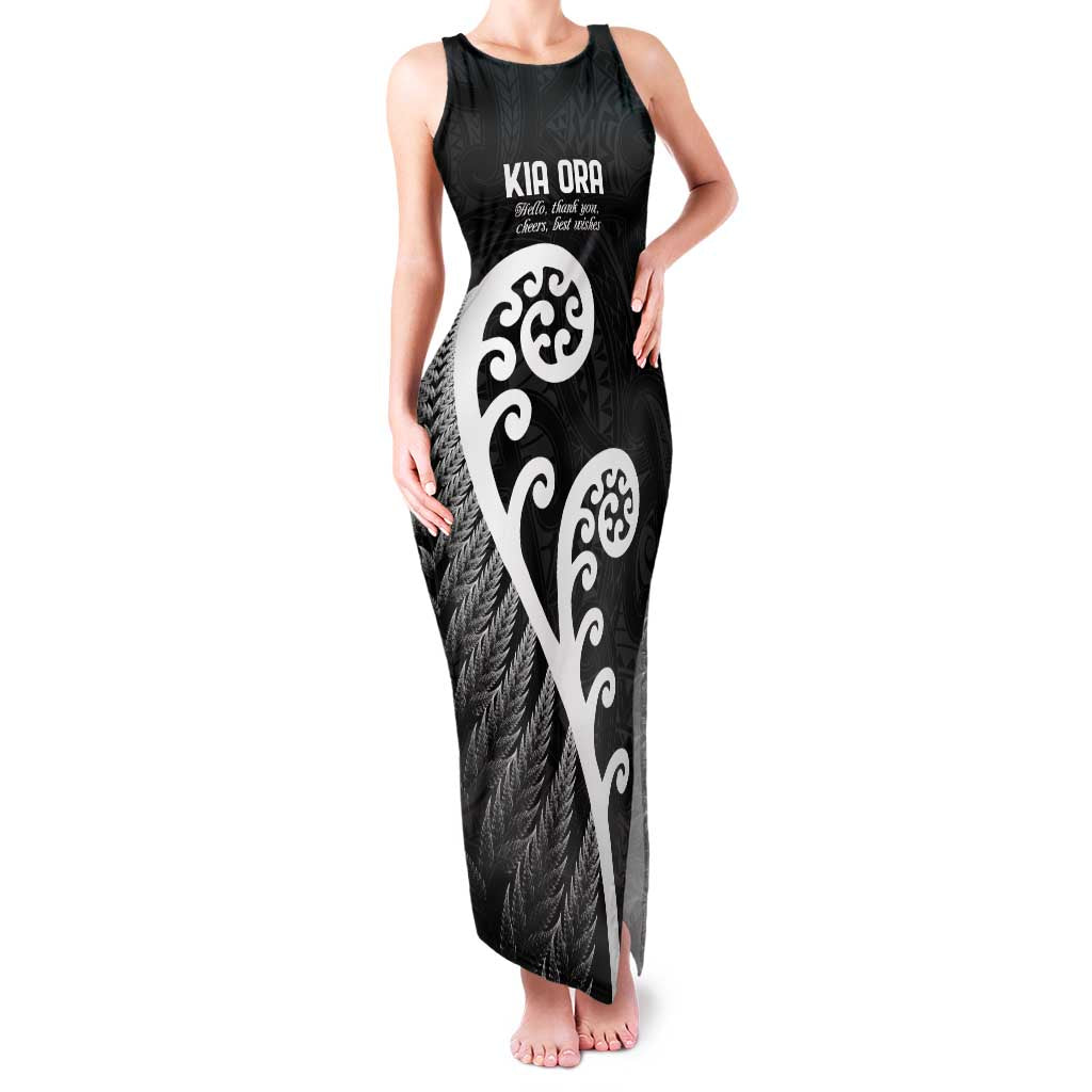 Kia Ora Maori Language Family Matching Tank Maxi Dress and Hawaiian Shirt Te Reo Maori Koru Fern Art LT9 Mom's Dress Black - Polynesian Pride