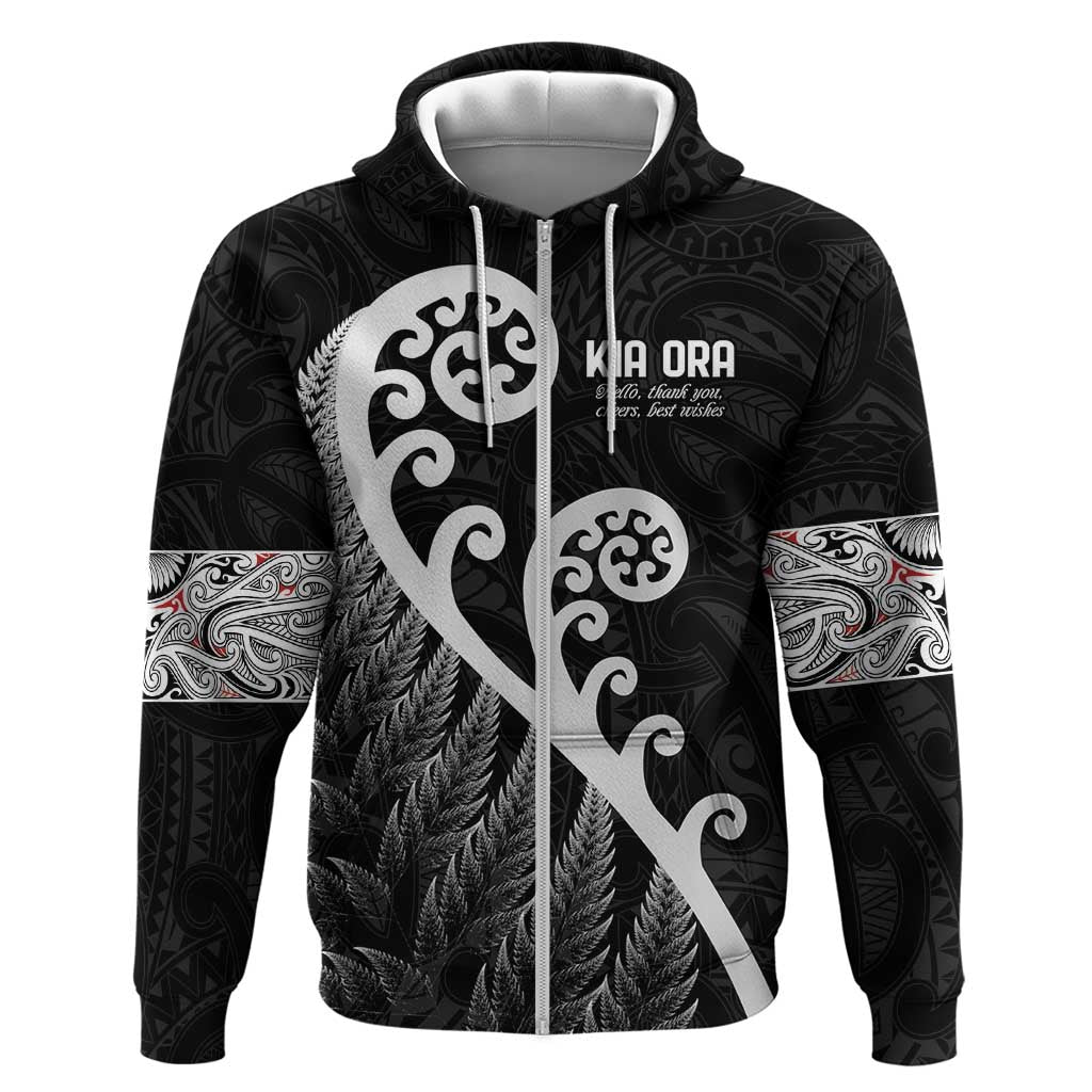 Kia Ora Maori Language Hoodie Te Reo Maori Koru Fern Art LT9 Zip Hoodie Black - Polynesian Pride
