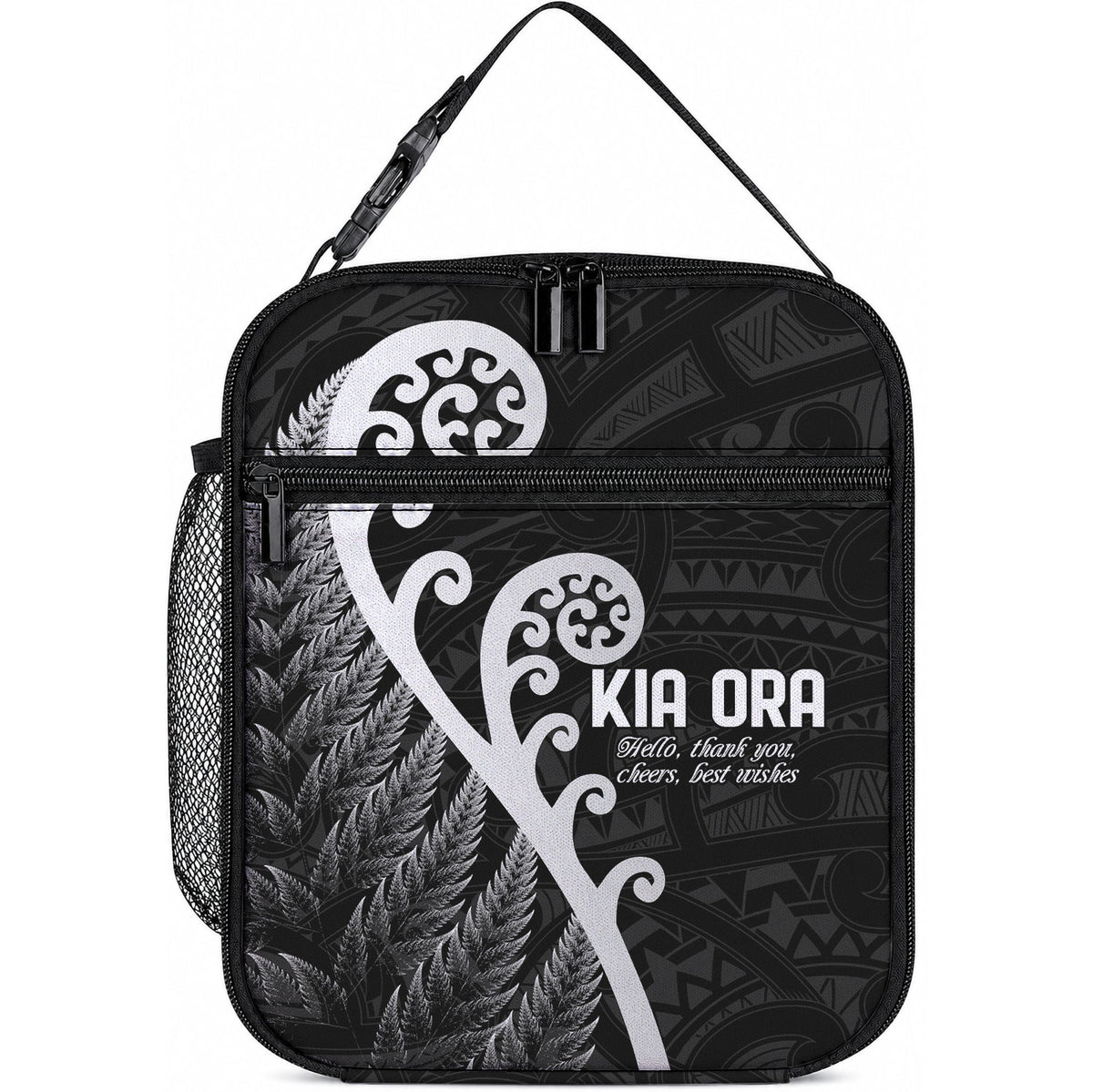 Kia Ora Maori Language Lunch Bag Te Reo Maori Koru Fern Art LT9 10.2 × 8.3 × 4.3 inch Black - Polynesian Pride
