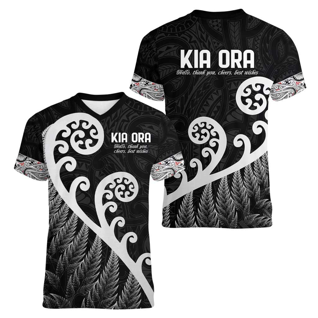 Kia Ora Maori Language Women V-Neck T-Shirt Te Reo Maori Koru Fern Art