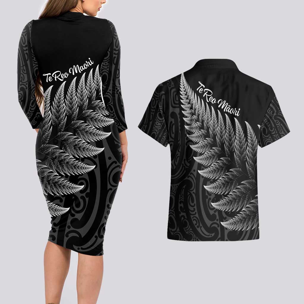 New Zealand Te Reo Mori Couples Matching Long Sleeve Bodycon Dress and Hawaiian Shirt Simple Black Fern LT9 - Polynesian Pride
