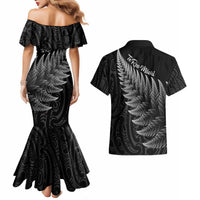 New Zealand Te Reo Mori Couples Matching Mermaid Dress and Hawaiian Shirt Simple Black Fern LT9 - Polynesian Pride