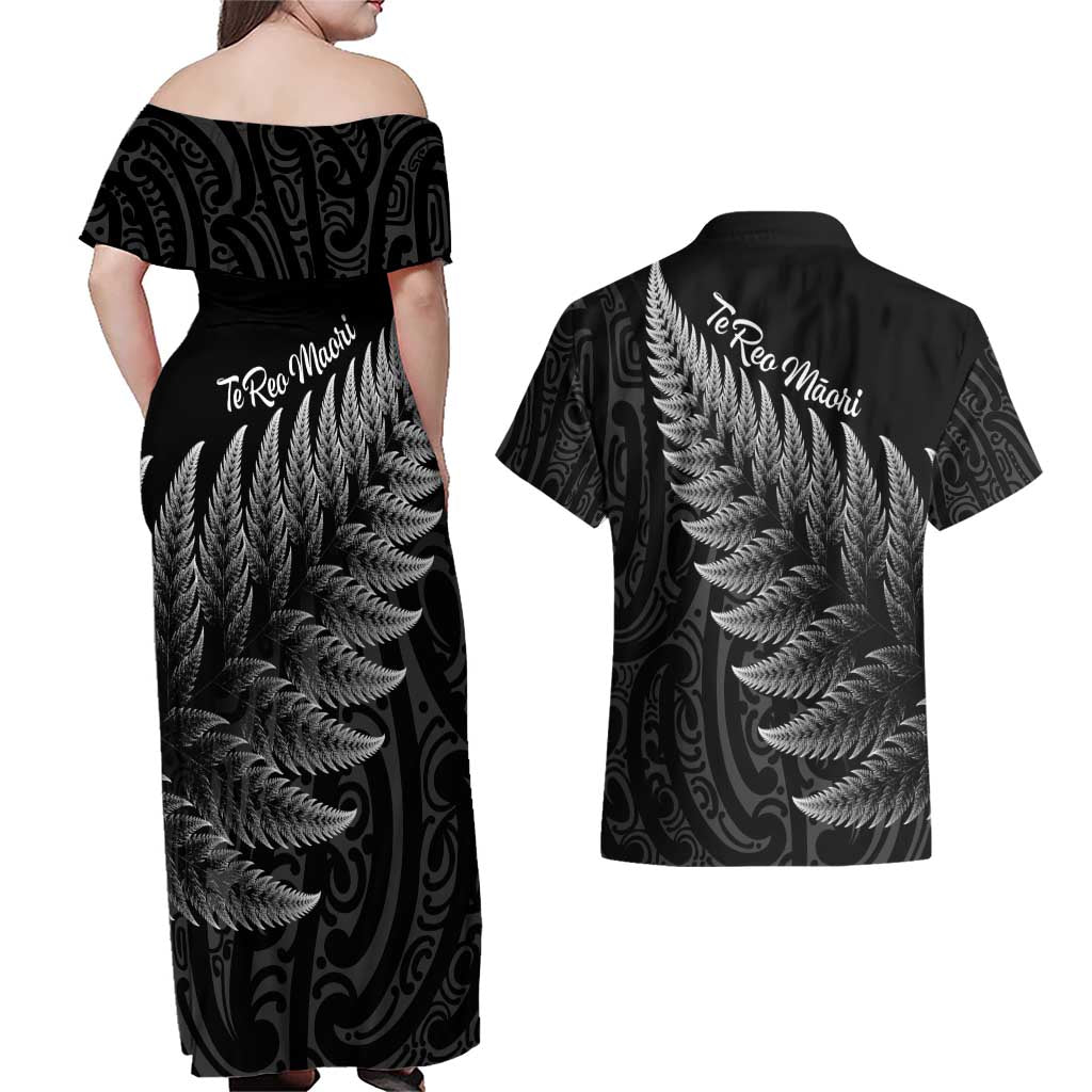 New Zealand Te Reo Mori Couples Matching Off Shoulder Maxi Dress and Hawaiian Shirt Simple Black Fern LT9 - Polynesian Pride