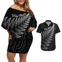 New Zealand Te Reo Mori Couples Matching Off Shoulder Short Dress and Hawaiian Shirt Simple Black Fern LT9 Black - Polynesian Pride