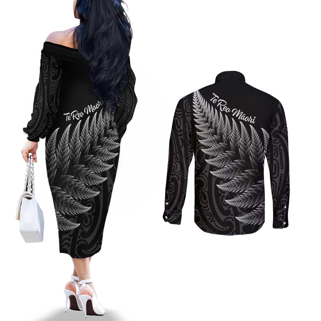 New Zealand Te Reo Mori Couples Matching Off The Shoulder Long Sleeve Dress and Long Sleeve Button Shirt Simple Black Fern LT9 - Polynesian Pride