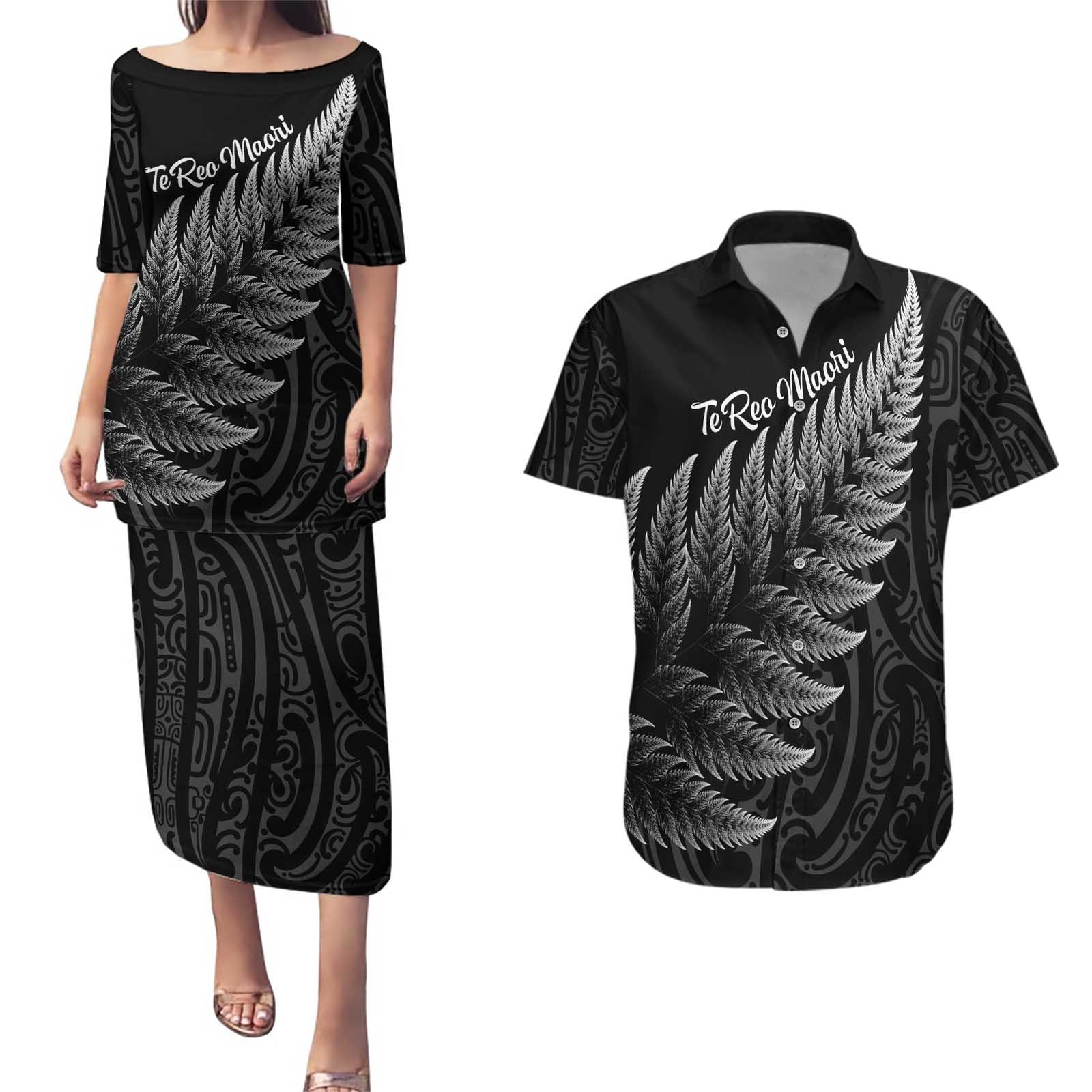New Zealand Te Reo Māori Couples Matching Puletasi and Hawaiian Shirt Simple Black Fern
