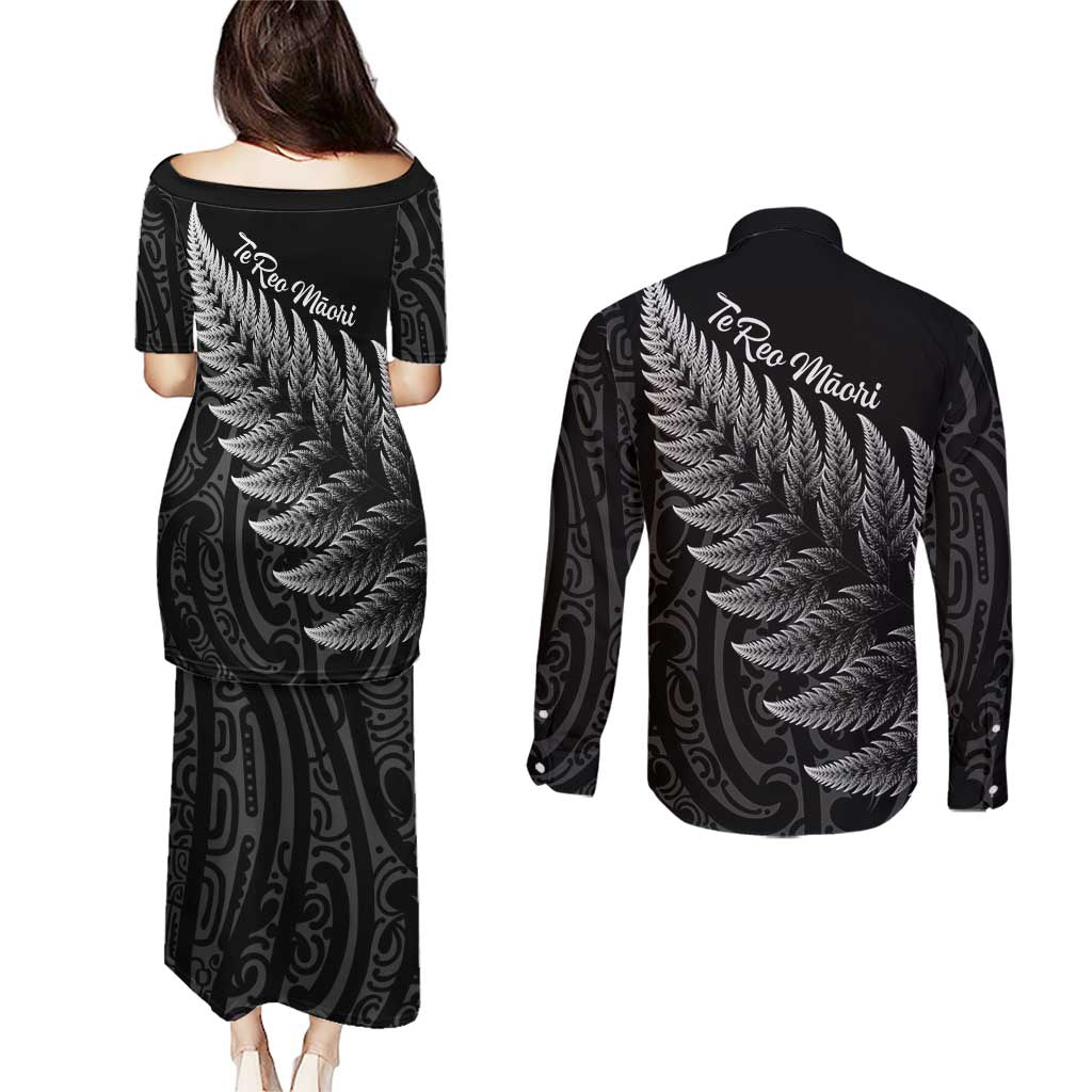 New Zealand Te Reo Māori Couples Matching Puletasi and Long Sleeve Button Shirt Simple Black Fern