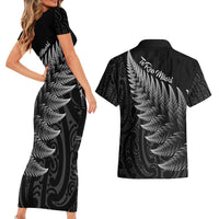 New Zealand Te Reo Mori Couples Matching Short Sleeve Bodycon Dress and Hawaiian Shirt Simple Black Fern LT9 - Polynesian Pride