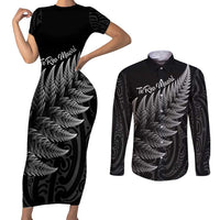 New Zealand Te Reo Mori Couples Matching Short Sleeve Bodycon Dress and Long Sleeve Button Shirt Simple Black Fern LT9 Black - Polynesian Pride