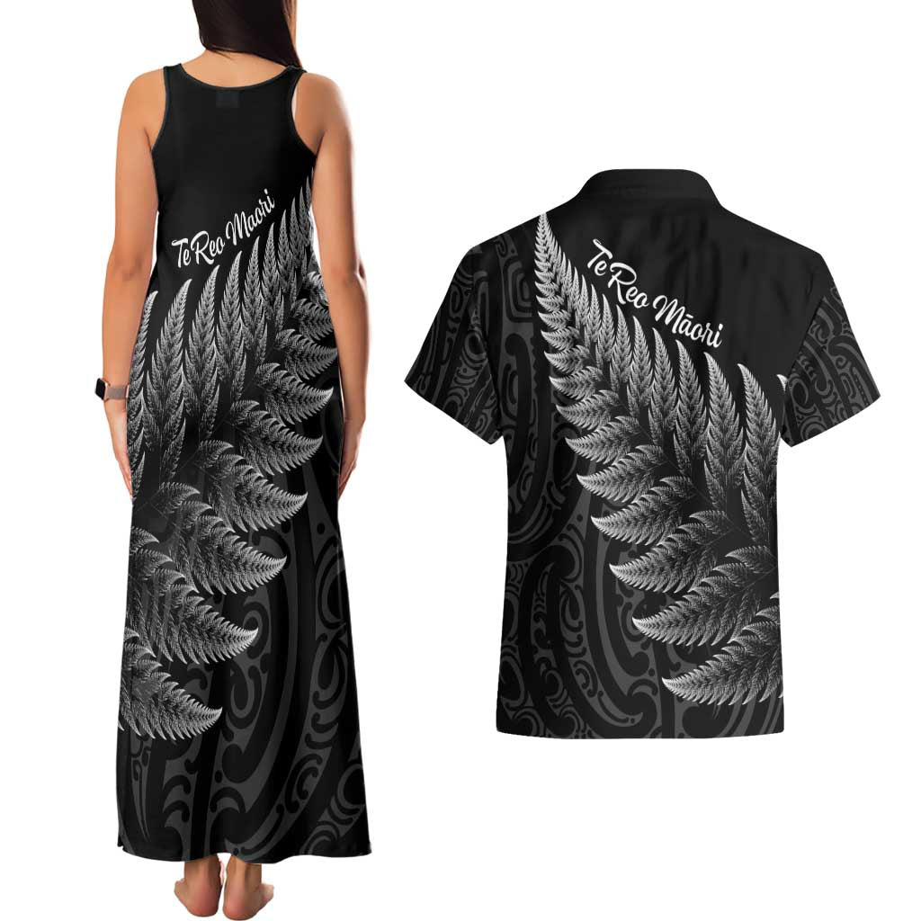 New Zealand Te Reo Mori Couples Matching Tank Maxi Dress and Hawaiian Shirt Simple Black Fern LT9 - Polynesian Pride