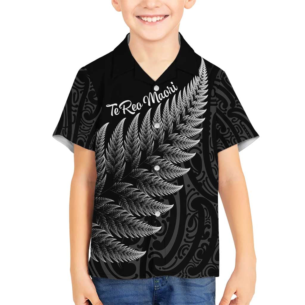 New Zealand Te Reo Mori Family Matching Long Sleeve Bodycon Dress and Hawaiian Shirt Simple Black Fern LT9 Son's Shirt Black - Polynesian Pride