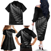 New Zealand Te Reo Mori Family Matching Off The Shoulder Long Sleeve Dress and Hawaiian Shirt Simple Black Fern LT9 - Polynesian Pride