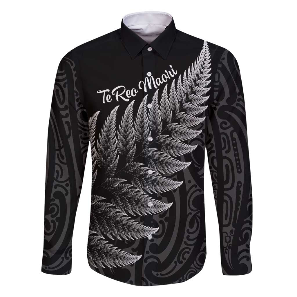 New Zealand Te Reo Mori Family Matching Off Shoulder Maxi Dress and Hawaiian Shirt Simple Black Fern LT9 Dad's Shirt - Long Sleeve Black - Polynesian Pride