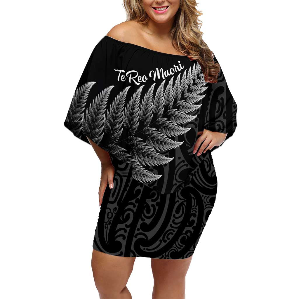 New Zealand Te Reo Mori Family Matching Off Shoulder Short Dress and Hawaiian Shirt Simple Black Fern LT9 Mom's Dress Black - Polynesian Pride